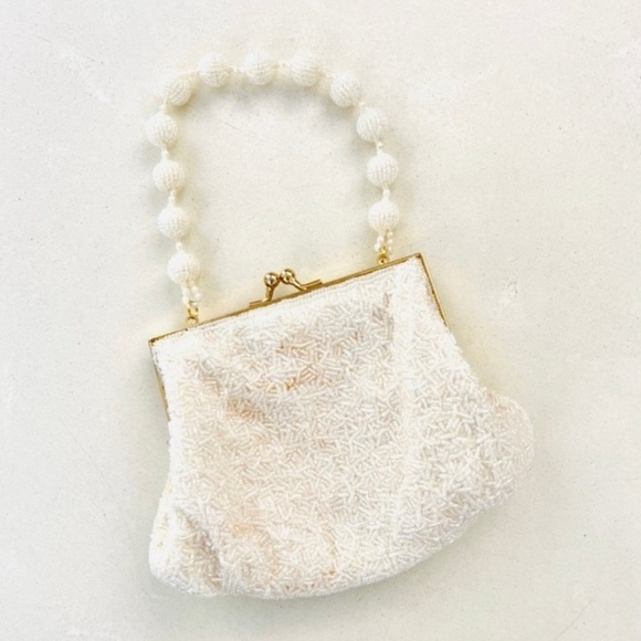 Vintage Handbags - Vintage 80s Cream Beaded Satin Mini Clutch